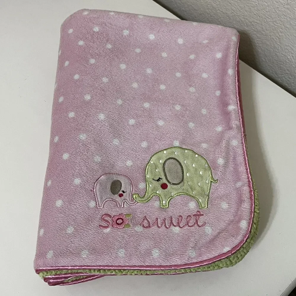 Carter's Just One You So Sweet Elephant Baby Blanket Pink Polka Dot Green Sherpa